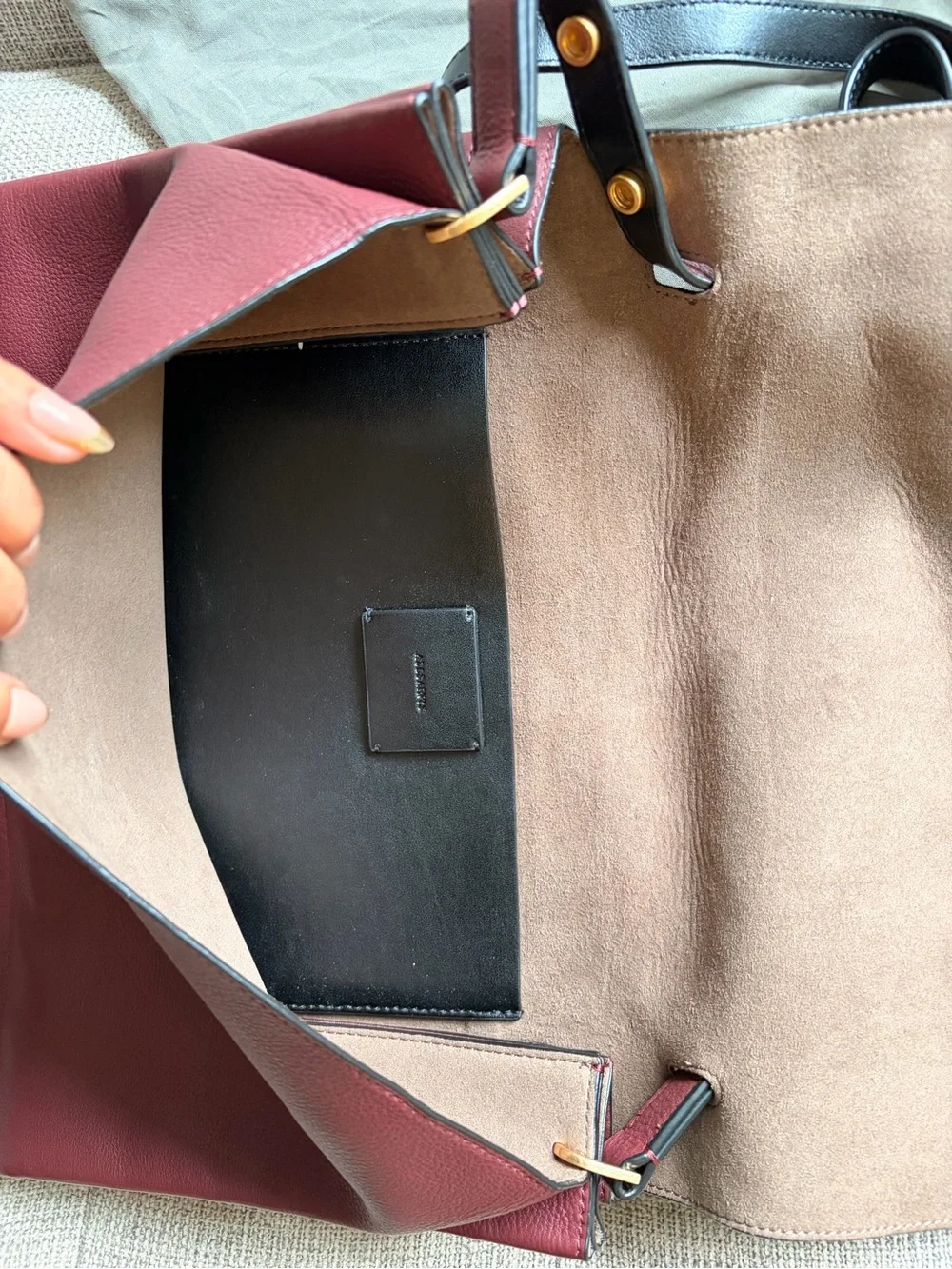 All Saints Burgundy Leather Messenger Bag with Gold Accent